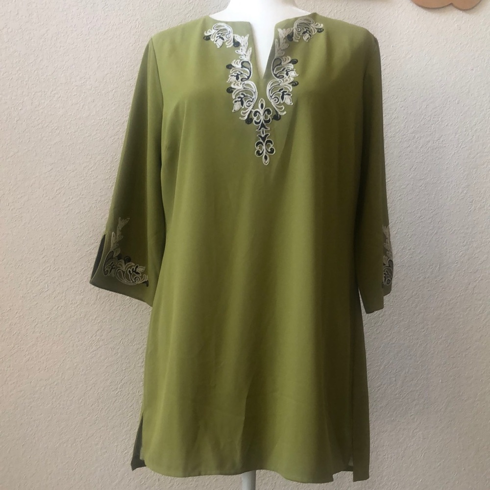 Naeem Khan tunic dress Med Timeless green Embroidered lined EUC